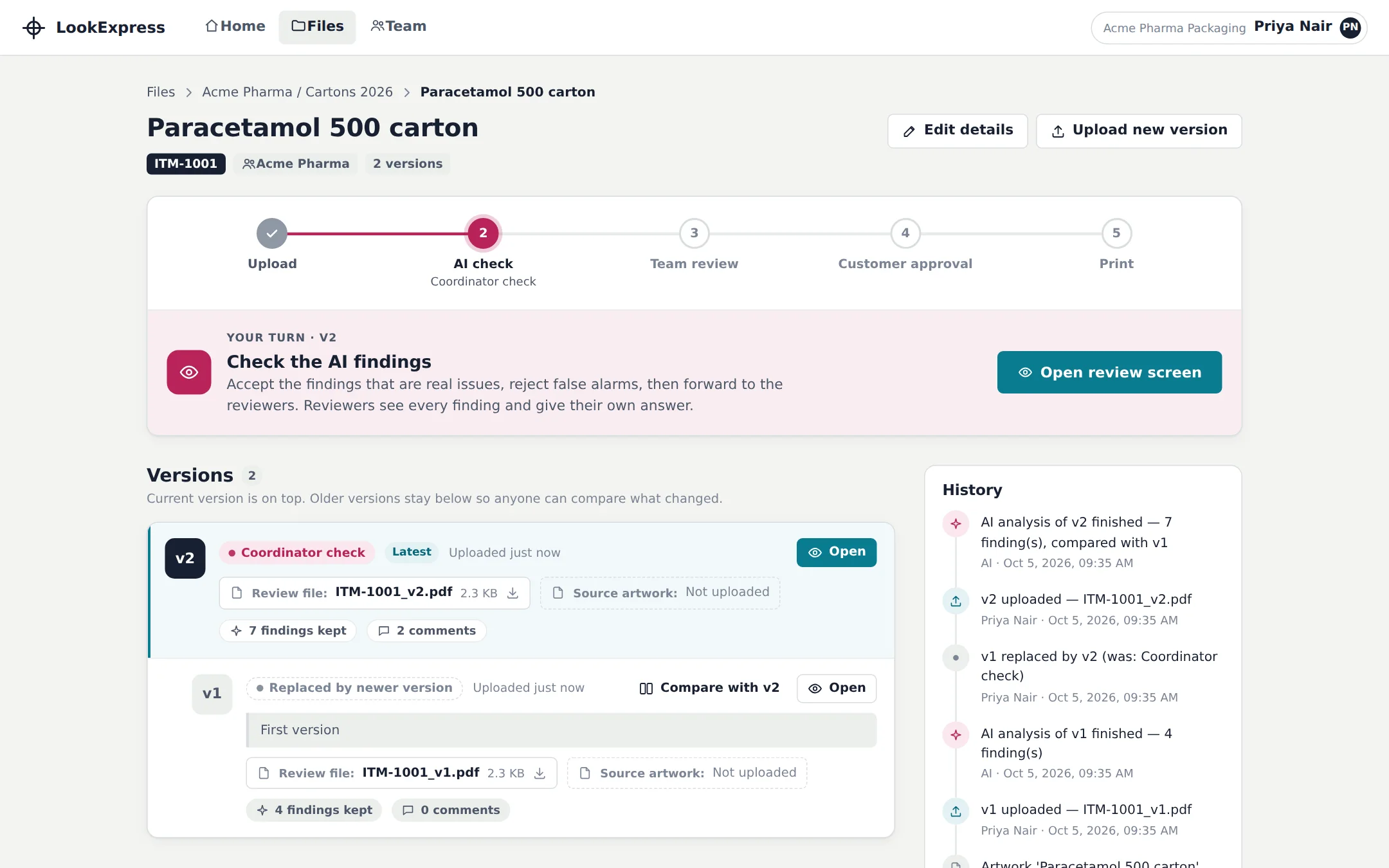 An artwork page showing the five-step progress line, version history and activity log