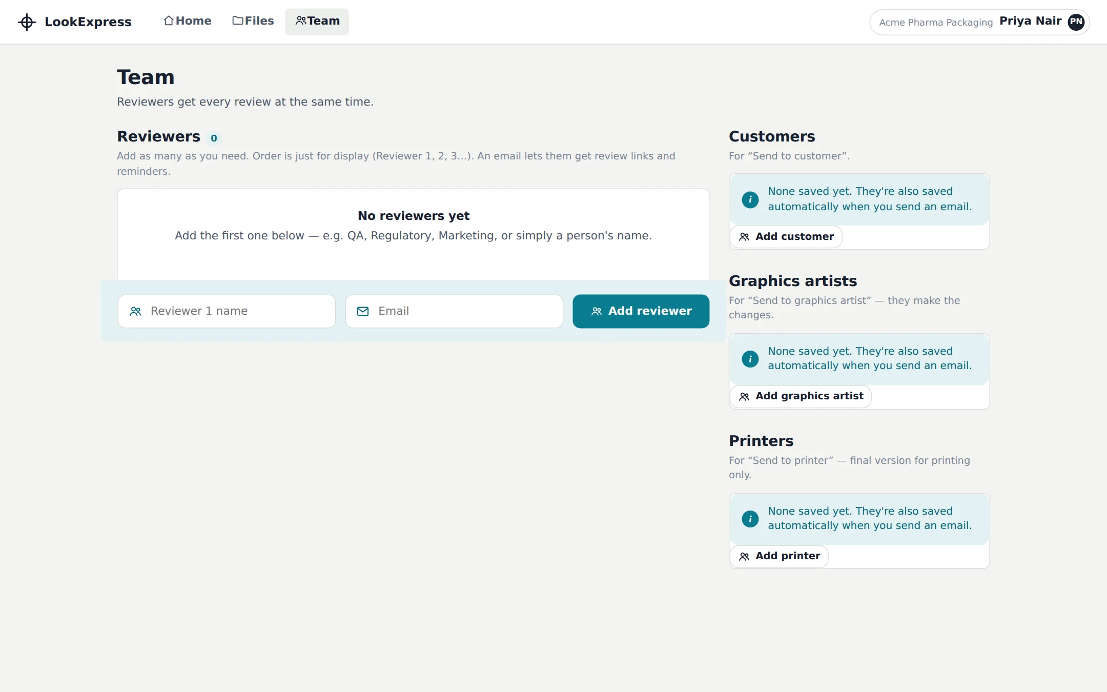 Team page listing members and their roles